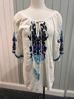 Solitaire White Midi Dress with Blue Embroidery
